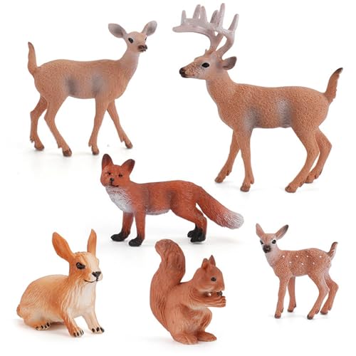 6Stück Waldtiere Figuren Spielzeug, Tierfiguren, Tiere mit Hirsch Familie, Elch, Fuchs, Kaninchen, Eichhörnchen, Waldtiere Figuren Deer Figuren Ornamente, Realistische Waldtier Lernspielzeug von Dreuhuing