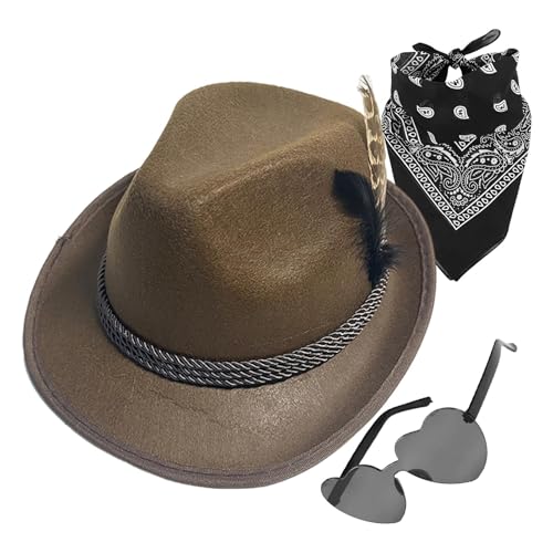 Dreuhuing Alpenhut, Fedora Oktoberfest-Hut, 1 Set mit Kopftuch, Brille aus Kunstleder – Vlies-Oktoberfest-Kostüm-Accessoires für Herren von Dreuhuing