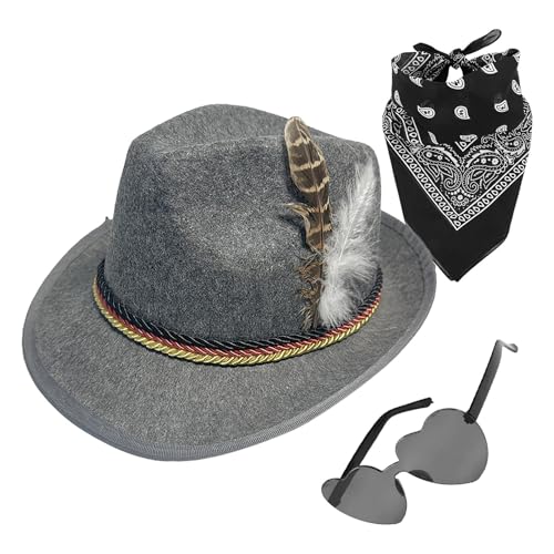 Dreuhuing Bayerischer Hut - Fedora Oktoberfest Hut 1set mit Kopftuch Brille Kunstleder | Vlies Oktoberfest Kostüm Accessoires für Herren von Dreuhuing