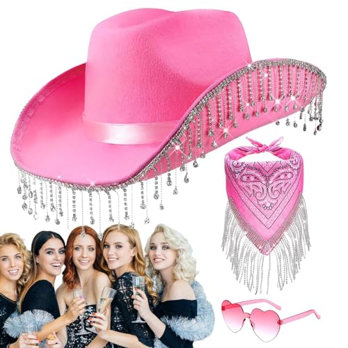 Dreuhuing Cowgirl Set, Cowboy Hut Cowboyhut mit Strass Fransen Glitzer, Cowgirl Hüte mit Herzbrille und Bandana, Cowboy Hut Partybrille Zubehör, Karneval Kostüm Zubehör Kopfbedeckung für Damen Herren von Dreuhuing