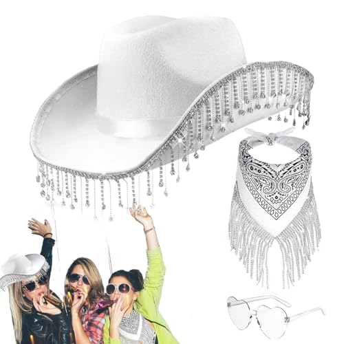 Dreuhuing Cowgirl Set, Cowboy Hut Cowboyhut mit Strass Fransen Glitzer, Cowgirl Hüte mit Herzbrille und Bandana, Cowboy Hut Partybrille Zubehör, Karneval Kostüm Zubehör Kopfbedeckung für Damen Herren von Dreuhuing