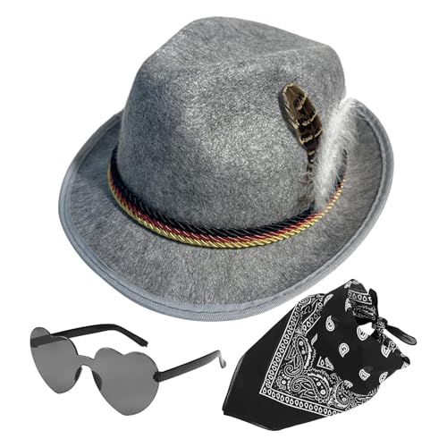 Dreuhuing Deutsche Hüte für Oktoberfest, Fedora Oktoberfest Hut 1 Set mit Kopftuch Brille Kunstleder | Vlies Oktoberfest Kostüm Accessoires für Herren von Dreuhuing