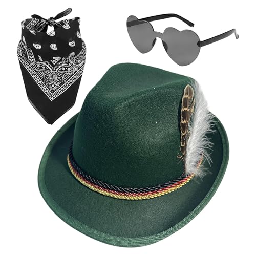 Dreuhuing Deutsche Hüte für Oktoberfest - Deutscher Jägerhut Kunstleder 1 Set Kopftuch Brille - Vlies Oktoberfest Kostüm Accessoires für Herren von Dreuhuing