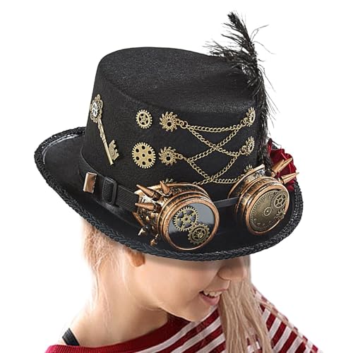 Dreuhuing Gothic Steampunk Zylinder,Gothic Steampunk Hut - Unisex-Kostüm-Kopfbedeckung mit Schutzbrille - Halloween-Kostüme mit Metall-Vintage-Zahnrädern für Film-Requisiten, Festivals, von Dreuhuing