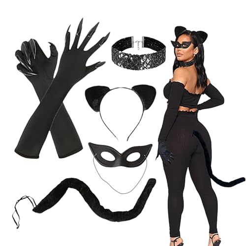 Dreuhuing Halloween Katzenkostüm für Damen, Katzenfrau Outfit, Halloween Schwarz Katze Kostüm mit Katzenohren Haarreif Halskette Katze Schwanz Katzemask, Halloween Karneval Cosplay Kostüm Accessorie von Dreuhuing