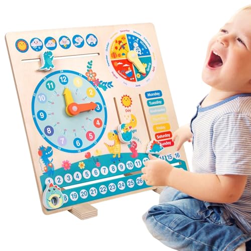 Dreuhuing Hölzerne Kalenderuhr Spielzeug,Multifunktionaler digitaler Kalender aus Holz - -Spielzeug für Kinder mit Wetterwoche, pädagogische Geschenke für und Mädchen im Vorschulalter von Dreuhuing