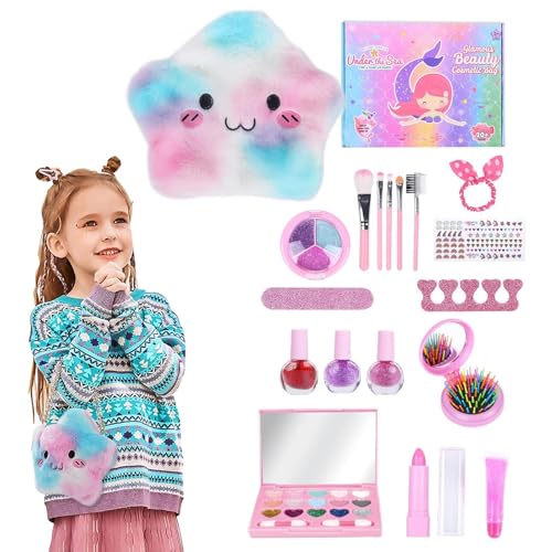 Dreuhuing Kinder Make-up für Mädchen | Kinder-Make-up-Kit für Mädchen | 18 Stück echtes, ungiftiges, tragbares, waschbares Make-up-Spielzeug, Geschenk für Kleinkinder, Junge Kinder, Rollenspielset von Dreuhuing