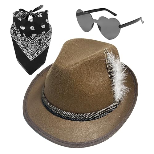 Dreuhuing Oktoberfest-Hut, Fedora, Oktoberfest-Hut, 1 Set mit Kopftuch, Brille aus Kunstleder – Vlies-Oktoberfest-Kostüm-Zubehör für Herren von Dreuhuing