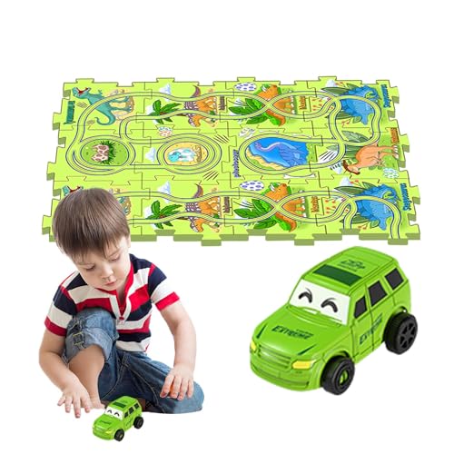 Dreuhuing Puzzle-Strecken mit Fahrzeugen,Puzzle-Rennstrecke - Lernspiele Autospielzeug - Bauspielzeug, Lernspielzeug, Dinosaurier-Puzzlebahn, Kleinkind-Puzzlebrett, Auto-Spielset für Kinder ab 3 von Dreuhuing