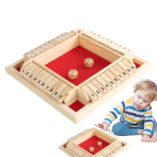 Dreuhuing Schließen Sie die Box, 4 Spieler Shut The Box Spiel, Box Würfelspiel aus Holz, Four Sided Flop Würfelbrett & Holzwürfel, Würfelspiel Holz Mathematik Lernspielzeug, Tischspiele für Party von Dreuhuing