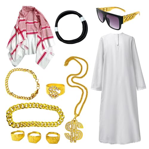 Dreuhuing Sheik White Robe | Herren Arabian White Robe Kit | Rundhals Cosplay Zubehör für Halloween Party Mottoparty Karneval von Dreuhuing