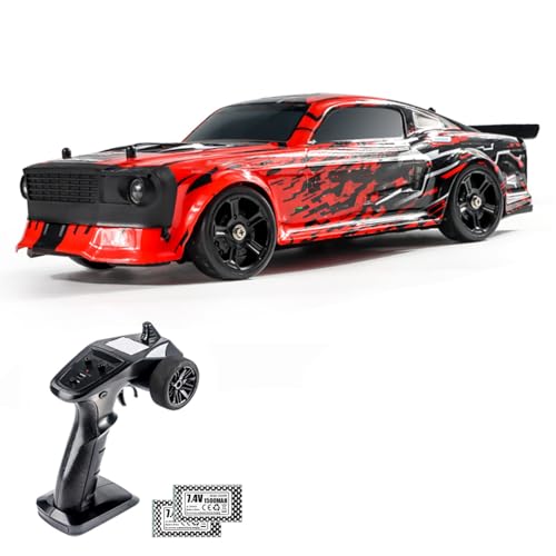 1/14 Brush RC Car, 35 Km/h High Speed ​​4WD Drift Racing Ferngesteuerter Sportwagen (vorwärts/rückwärts/Links Abbiegen/rechts Abbiegen/steuerbare Lichter) (2 Batterie) von Drfeify