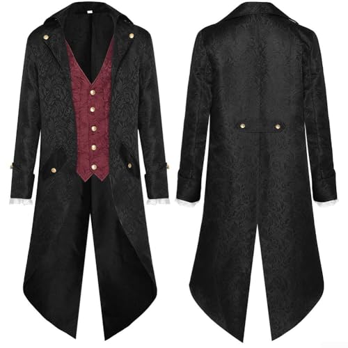 Herren Mittelalter Steampunk Jacke Gothic Frack Mantel,Halloween Piraten Vampir Cosplay Kostüme für Männer, Bestickte Viktorianische Renaissance Retro Mantel(M Red) von Drhomeam