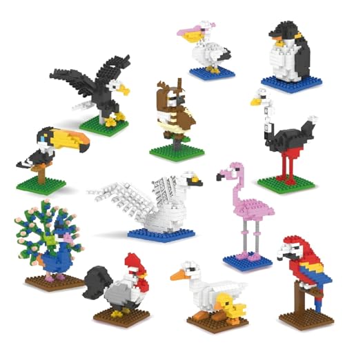 DrmBeyd Mini Tiere Bausteine Set, 12 Pack Micro Tier Themed Vögel Bausteine, Tiere Klemmbausteine Spielzeug, Home Decors, Geschenke für Kinder und Erwachsene von DrmBeyd