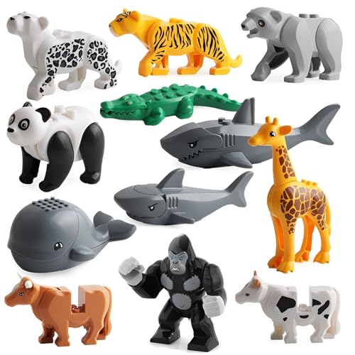 DrmBeyd Tier Minifiguren Bausteine Set, 12 Stück Dschungel Zoo Tierbaustein Bausatz, Schimpansen, Giraffe, Leopard, Panda etc, DIY Tier Figuren Bausteine Modell, Kompatibel mit Major Brand von DrmBeyd