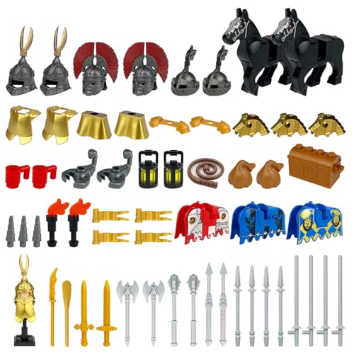 DrmBeyd Waffenpaket Zubehör Sets Spielzeug, Mittelalterlicher Waffenzubehör-Baustein für Minifiguren, Inklusive Rüstung, Helm, Pferde, kompatibel mit Mainstream Minifiguren von DrmBeyd