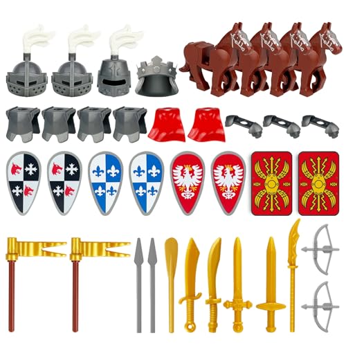 DrmBeyd Waffenpaket Zubehör Sets Spielzeug, Mittelalterlicher Waffenzubehör-Baustein für Minifiguren, Inklusive Rüstung, Helm, Schild, Pferde, Kompatibel mit Mainstream Minifiguren von DrmBeyd