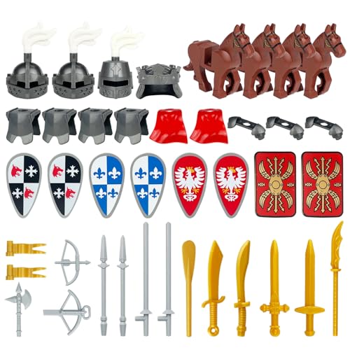 DrmBeyd Waffenpaket Zubehör Sets Spielzeug, Mittelalterlicher Waffenzubehör-Baustein für Minifiguren, Inklusive Rüstung, Helm, Schild, Pferde, Kompatibel mit Mainstream Minifiguren von DrmBeyd