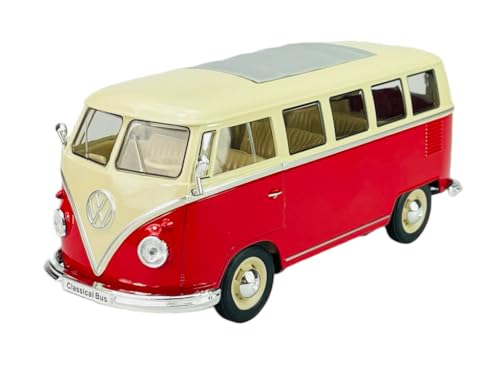 Welly Volkwagen T1 Rot Weiss mit Dachfenster Samba Bully Bus 1950-1967 1/24 Metall Modell Auto Die Cast Neu im Kasten von DROMADER