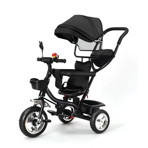 Drumm 4-in-1 Dreirad für Kinder mit Griff, Dreirad mit wendbarem Sitz, zusammenklappbarer Kinderwagen mit Griff, Dach und abnehmbarem Pedal (schwarz) von Drumm