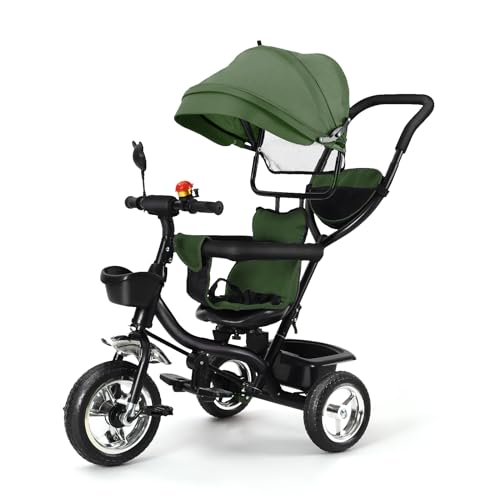 Drumm Dreirad, 4-in-1, Kinderdreirad, mitwachsend, Dreirad mit Pedal, und Sonnenblende, faltbar, abnehmbar, und verstellbarer Elternstock, für Kinder von 18 bis 48 Monaten (grün) von Drumm