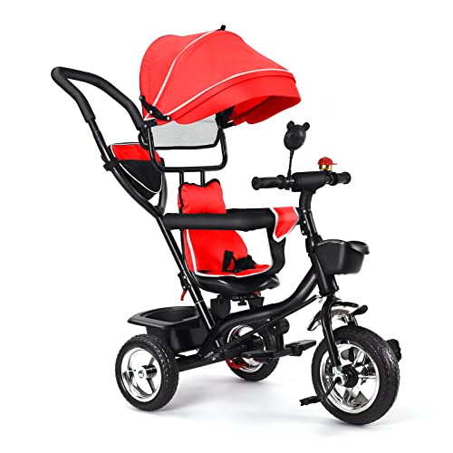 Drumm Dreirad 4 in 1, Dreirad für Kinder, skalierbar, Kinderwagen Dreirad mit Pedal, und Sonnenblende, faltbar, abnehmbar, verstellbarer Gehstock, neigbare Rückenlehne, leise Räder, Rot von Drumm