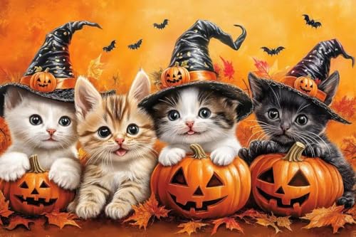 1000 Teile Erwachsenenpuzzle – Kürbis und Kätzchen, klares Bild – exquisites Halloween-Holzpuzzle – Lernspiele, Familienpuzzles, einzigartige Geschenke für Wandkunst von Dsawqezh