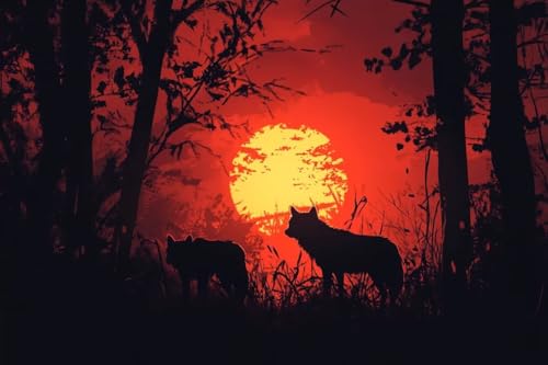 1000 Teile Lost In Fun - Erwachsene Premium Holzpuzzle Sonnenuntergang Wolf Silhouette - Hoher Schwierigkeitsgrad Rote Sonne Puzzle Und Home Decor Herausfordernde Puzzle-Erfahrung von Dsawqezh