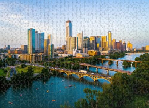 1000 Teile Puzzle für Erwachsene, Lernspiele, Familienpuzzle, Golden Austin Texas Sonnenuntergang über Stadtbild, DIY-Puzzle, kreativer Spaß, klassisches Puzzle für Erwachsene und Kinder von Dsawqezh