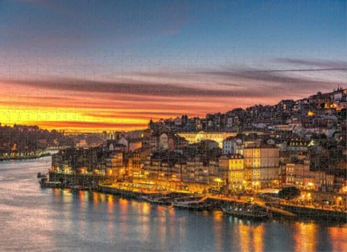 1000 Teile Puzzle für Erwachsene, Lernspiele, Familienpuzzles, schönes Panorama und Douro Fluss Porto bei Sonnenuntergang, Portugal, DIY-Puzzle, kreativer Spaß, klassisches Puzzle für Erwachsene und von Dsawqezh