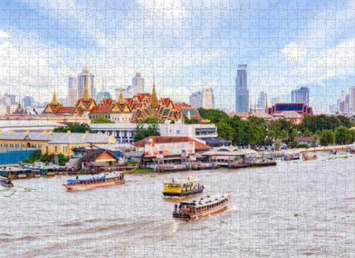 1000 Teile Puzzle für Erwachsene, Puzzles und Chao River Blue Sky Bangkok Thailand Puzzles für Jugendliche und Kinder, um ihr Gehirn zu trainieren, Holzpuzzle von Dsawqezh