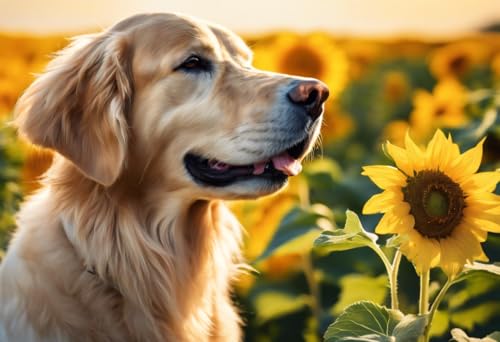 1000 Teile Puzzle für Erwachsene, herausforderndes Puzzle – Sommer-Sonnenblumen Golden Retriever – Puzzles für Jugendliche und Kinder, um ihr Gehirn zu trainieren, Holzpuzzle von Dsawqezh