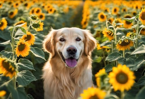 1000 Teile Puzzle für Erwachsene, herausforderndes Puzzle – Sommer-Sonnenblumen Golden Retriever – Puzzles für Jugendliche und Kinder, um ihr Gehirn zu trainieren, Holzpuzzle von Dsawqezh