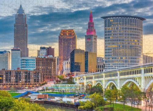 1000-teiliges Puzzle für Erwachsene, Cleveland Ohio Downtown City Skyline The River Puzzles für Jugendliche und Kinder, um ihr Gehirn zu trainieren, Holzpuzzle von Dsawqezh