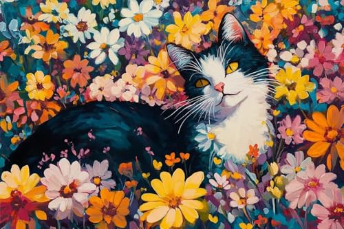 500 Teile Erwachsenenpuzzle – Katze in den Blumen – Einzigartige Schneidteile – Perfekt für Ostern Entspannung und Achtsamkeit Aktivitäten und Home Decor Herausfordernde Puzzle-Erfahrung von Dsawqezh