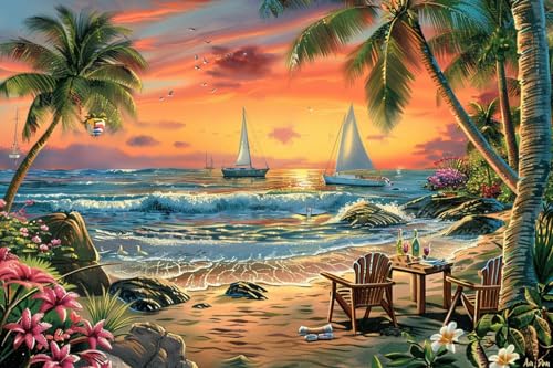 500 Teile herausforderndes Puzzle für Erwachsene, Sonnenuntergang, Strand, Ölgemälde, Landschaft, geeignet für Männer, Frauen und ältere Menschen, als Landschaftspuzzle-Geschenke von Dsawqezh