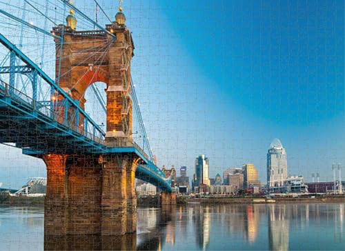 500-teiliges Puzzle für Erwachsene, Lernspiele, Familienpuzzle, Cincinnati-Skyline und Hängebrücke bei Morgengrauen DIY-Puzzle, kreativer Spaß, klassisches Puzzle für Erwachsene und Kinder von Dsawqezh