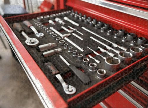 Puzzle 1000 Teile Auto Service Werkzeuge Tablett Der rote Stahlkoffer Mechaniker Ausrüstung Herausfordernde Geschenke für Puzzle-Liebhaber, Genießen Sie glückliche Zeit mit Freunden, Zimmer von Dsawqezh