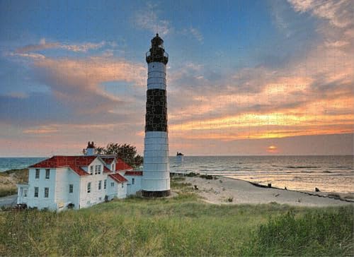 Puzzle für Erwachsene, 500-teiliges Puzzle für Erwachsene, Sonnenuntergang am Big Sable Point Leuchtturm, Michigan, Puzzles für Jugendliche und Kinder, um ihr Gehirn zu trainieren, Holzpuzzle von Dsawqezh