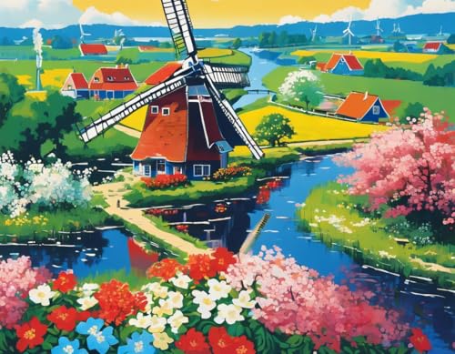 Puzzle für Erwachsene und Kinder, niederländische Landschaft, Windmühle und blühende Blumen von Kanallandschaft, einzigartiges Geschenk für Wandkunst, Herausforderungspuzzles, Lernspiele, von Dsawqezh