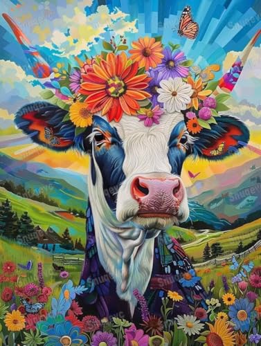 Vintage Flower Cow: Premium 1000-teiliges Puzzle für Erwachsene – einzigartige Geschenke für Wandkunst, Herausforderungspuzzle, Lernspiele, Familienpuzzles von Dsawqezh