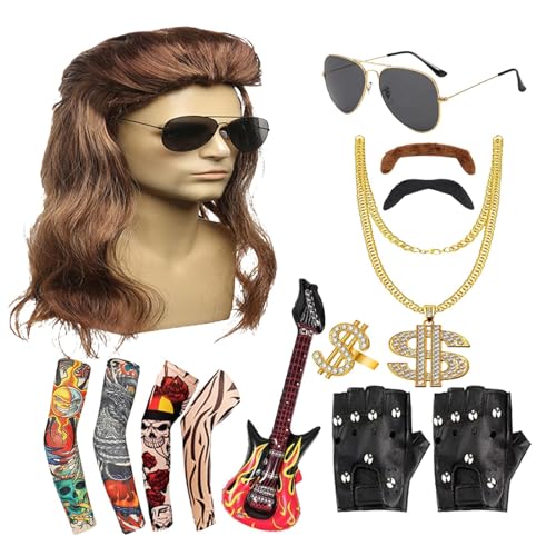 Dtaigou 80er-Jahre-Herrenkostüm, 80er-Jahre-Outfits für Männer,Rockstar-Zubehör 13-teilige Rock-80er-Jahre-Kostüme - 80er-Jahre-Outfits mit Hippie-Accessoires für Männer, Rockkonzerte, Kostümpartys, von Dtaigou