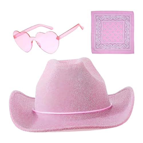 Dtaigou Cowboyhüte für Damen, Cowgirlhüte für Damen,Party Kopfbedeckung Cowboyhut | 3 glitzernde Hüte mit Bandana und Brille, verstellbarer Westernhut mit Kordelzug, Western-Kostümzubehör von Dtaigou