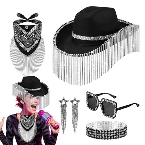 Dtaigou Cowgirl-Hut mit Strasssteinen, 5 x Disco-Cowboyhut, Kostümzubehör für Damen, Cosplay, Halloween, Sonnenbrille, glitzerndes Armband, Quaste, Ohrringe, Bandana-Set von Dtaigou