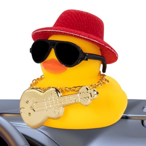 Dtaigou Ente für Auto | Squeak Rubber Duck Toys Armaturenbrett-Ornament, Entenauto-Ornament mit Musikinstrument-Halskette, Sonnenbrille, Hut von Dtaigou