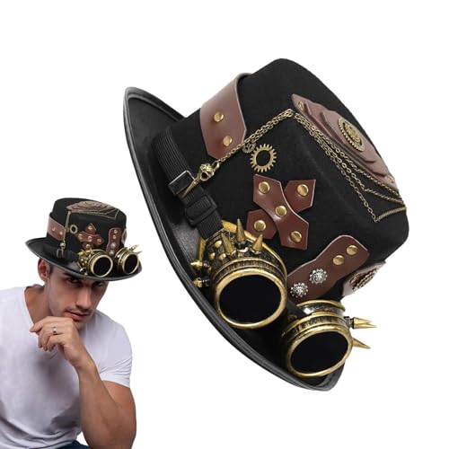 Dtaigou Gothic Steampunk Zylinder, Steampunk Hüte mit Schutzbrille, Kostüm Kopfbedeckung Halloween Hut mit abnehmbarer Schutzbrille, Kostüm Herren, Steampunk-Anziehzubehör für Erwachsene Herren von Dtaigou