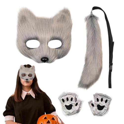 Dtaigou Plüsch Wolf Gesicht Abdeckung Kit Faux Feder Weiche Wolf Party Kleidung Cosplay Zubehör Lustiges Tier Kostüm für Halloween von Dtaigou