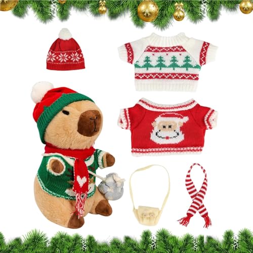 Plüsch-Capybara mit 9 Outfits-Accessoires, Capybara-Plüschtier, niedliches Cartoon-gefülltes Capybara mit Kleidung, huts, Tasche, Schal, Weihnachtsplüsch, für jungens und Mädchen, Weihnachtsgeburtstag von Dtaigou