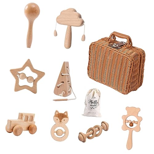 Dualoai 8 Teiliges Holz Babyspielzeug Set, Holzspielzeug, Rasseln, Neugeborenes Spielzeug, Handgefertigte Geschenke für Neugeborene, Holzauto, Babyrassel mit von Dualoai