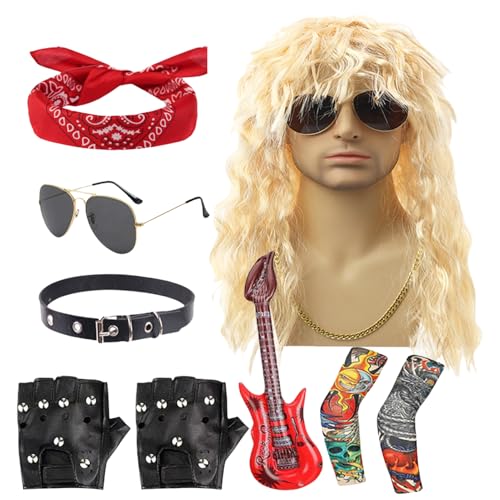 Dubbulon 80er Jahre Rocker Kostüm,70er Jahre Hippie Verkleidung | Punk Perücke Outfit für Herren zu Karneval Halloween Bühnenauftritten Festivals & Events Dubbulon 80er Jahre Rocker Kostüm,70er Jahre Hippie Verkleidung | Punk Perücke Outfit für Herren zu Karneval Halloween Bühnenauftritten Festivals & Events von Dubbulon